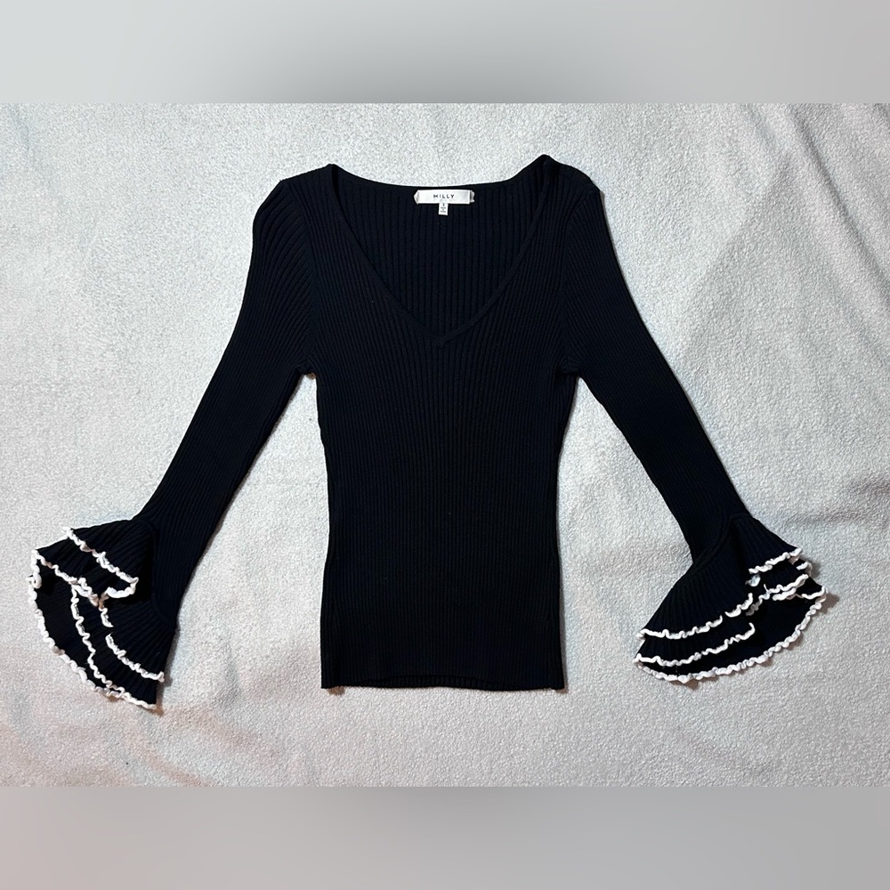 Milly | Ribbed Ruffle Bell Sleeve V-Neck Knit Top | Small - Picture 4 of 12